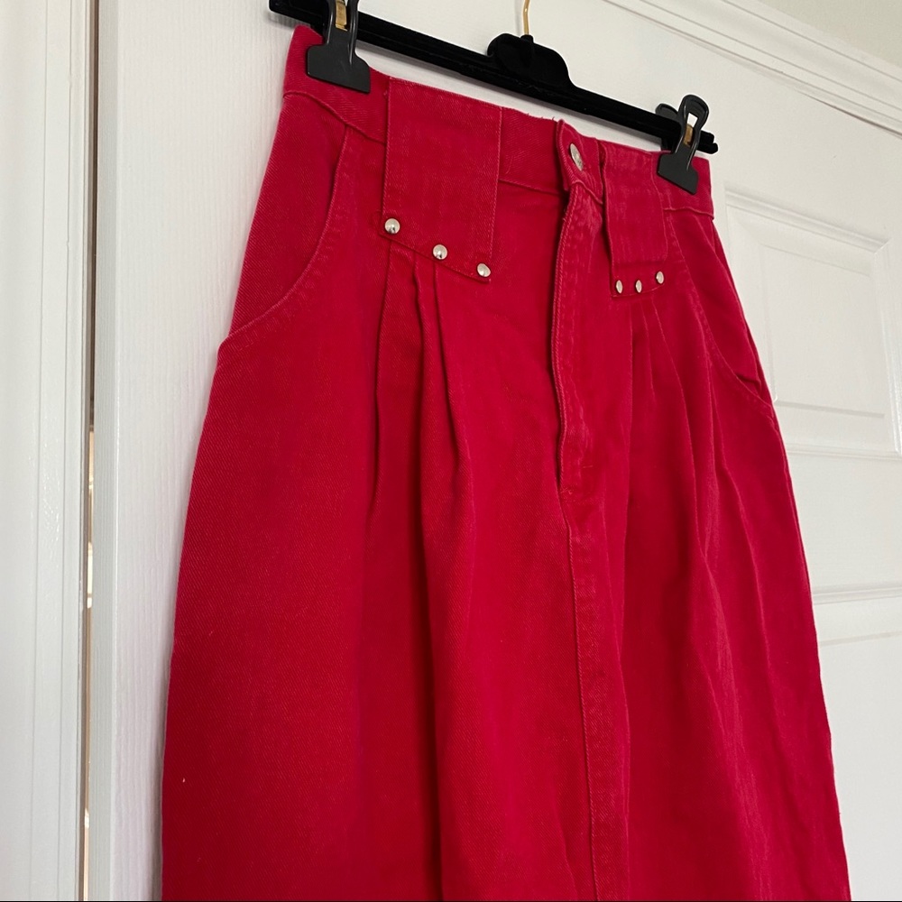 denim maxi skirt with back slit red with embellishment